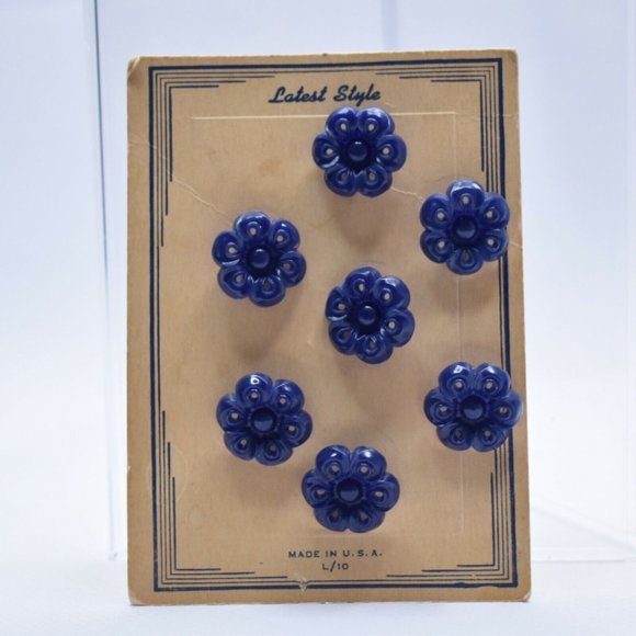 Vintage Flower Buttons on Card 7 Blue Buttons Latest Style Made in USA - Picture 3 of 5